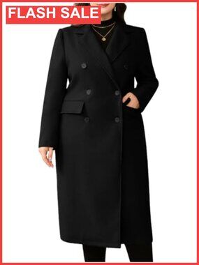 Plus Size Wool Blend Pea Coat Double Breasted Notch Lapel Long Trench Coat